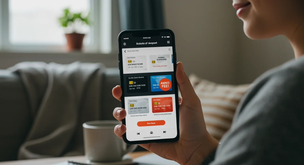 Pessoa utilizando aplicativo de banco para comparar cartões de crédito sem anuidade.