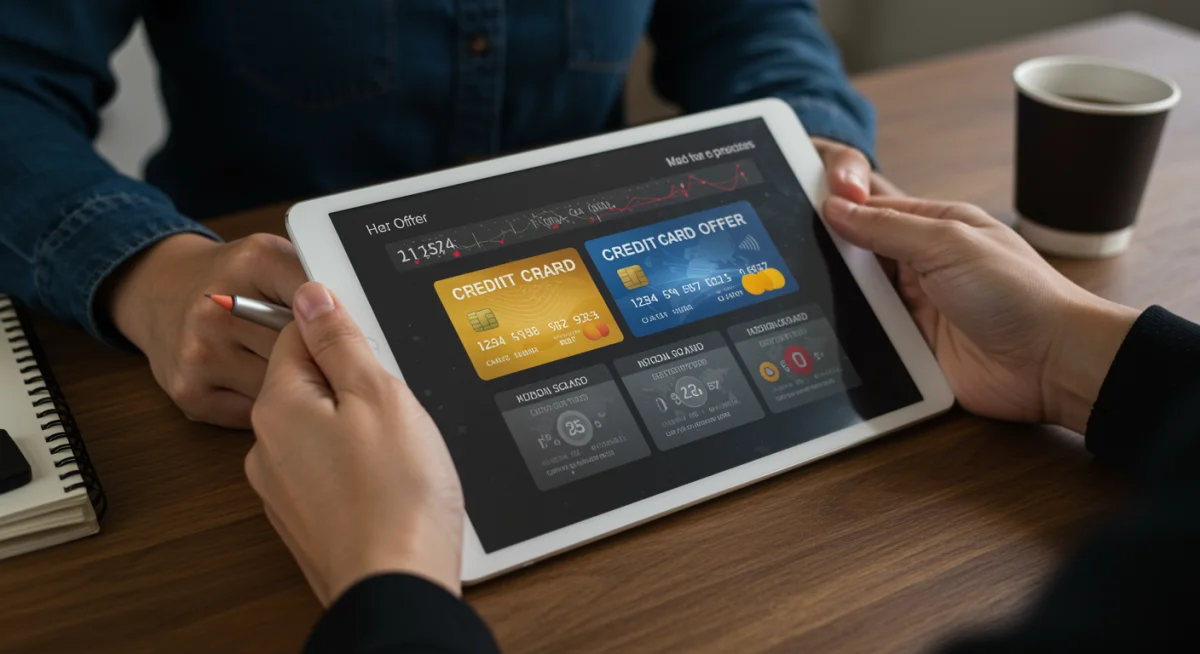 Pessoa comparando ofertas de cartões de crédito com juros baixos em um tablet, focando na decisão informada.
