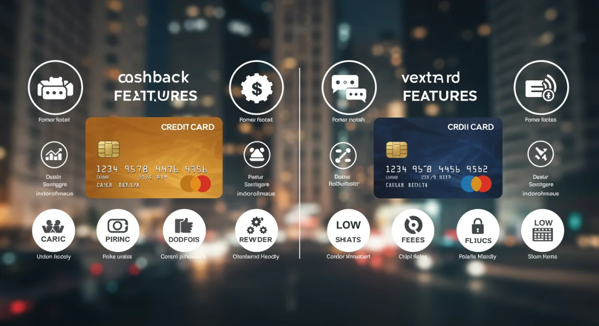 Gráfico comparativo de cartões de crédito com ícones de cashback e pontos, ilustrando diversas opções financeiras.