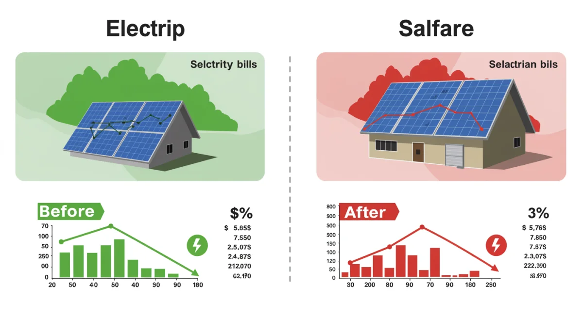 Infográfico comparando contas de luz antes e depois da energia solar, mostrando grande redução de custos.