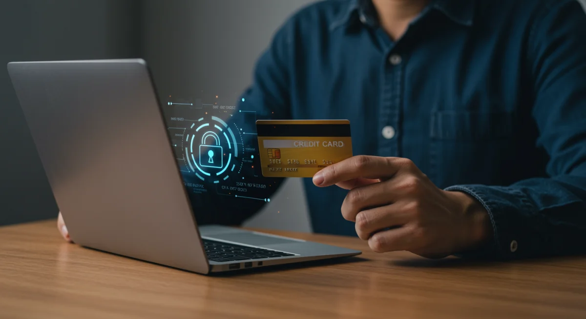 Pessoa realizando uma compra online de forma segura com cartão de crédito, demonstrando o uso estratégico para construir um bom histórico.