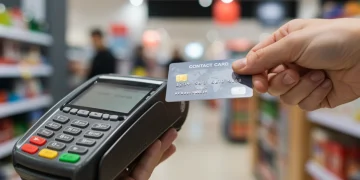 Pessoas fazendo compras por aproximação em um terminal moderno