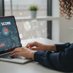 Pessoa consultando o score de crédito online em um notebook, com gráficos financeiros digitais ao fundo.
