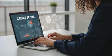 Pessoa consultando o score de crédito online em um notebook, com gráficos financeiros digitais ao fundo.