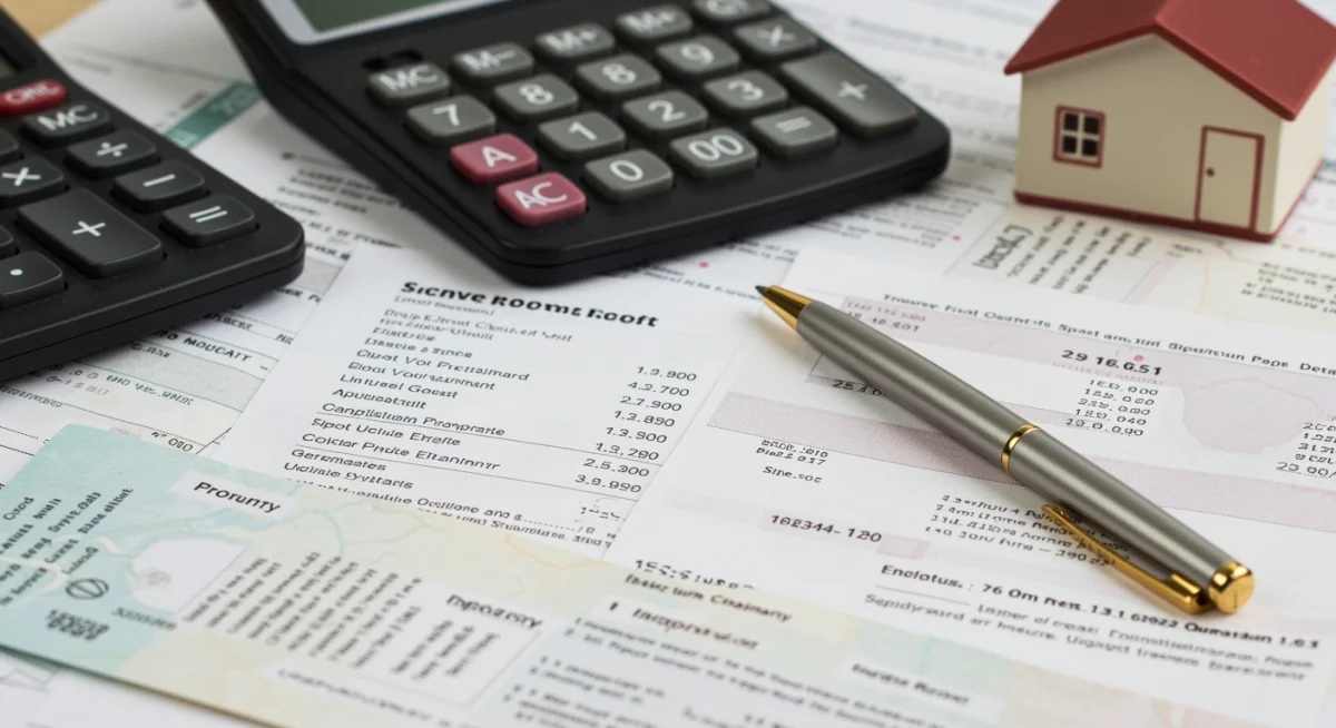 Documentos financeiros e calculadora para análise de crédito imobiliário.