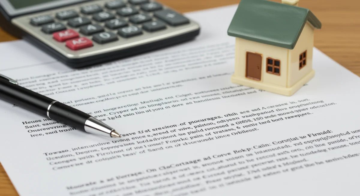 Documentos de financiamento imobiliário sendo analisados, com calculadora e miniatura de casa, representando a burocracia do processo.