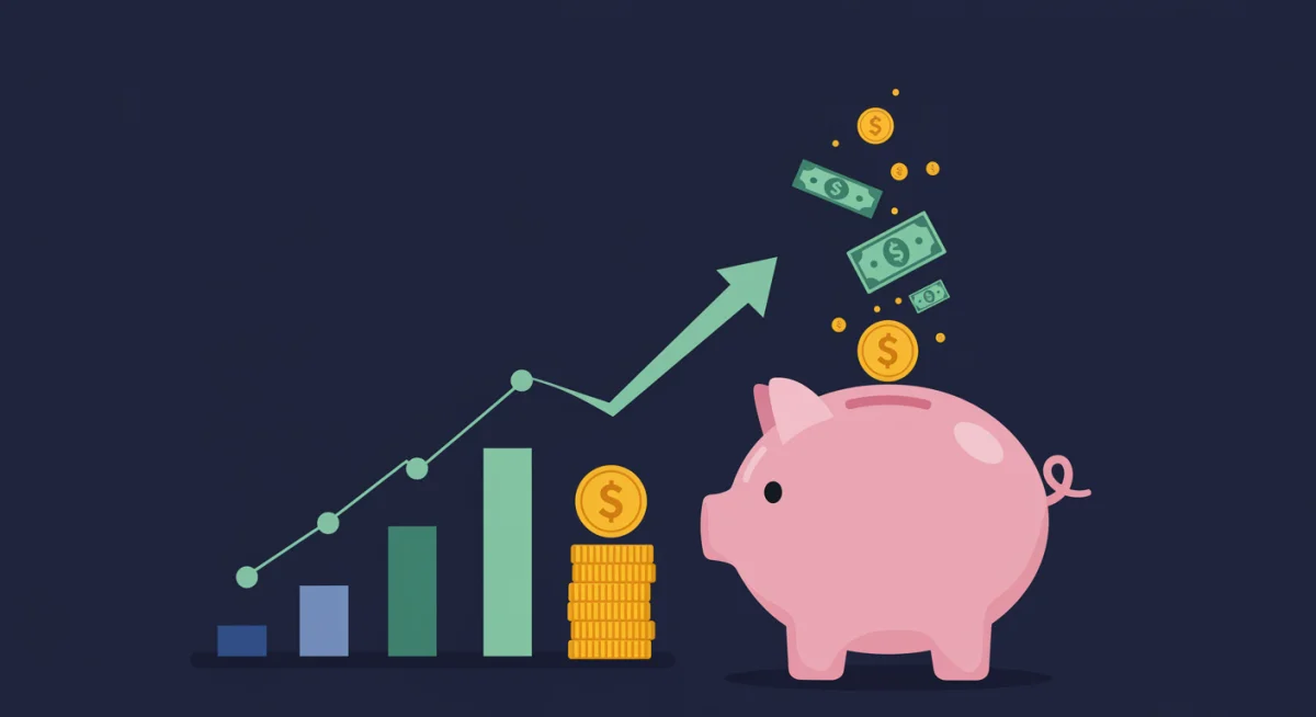 Dinheiro entrando em cofrinho, simbolizando economia e redução de dívidas.