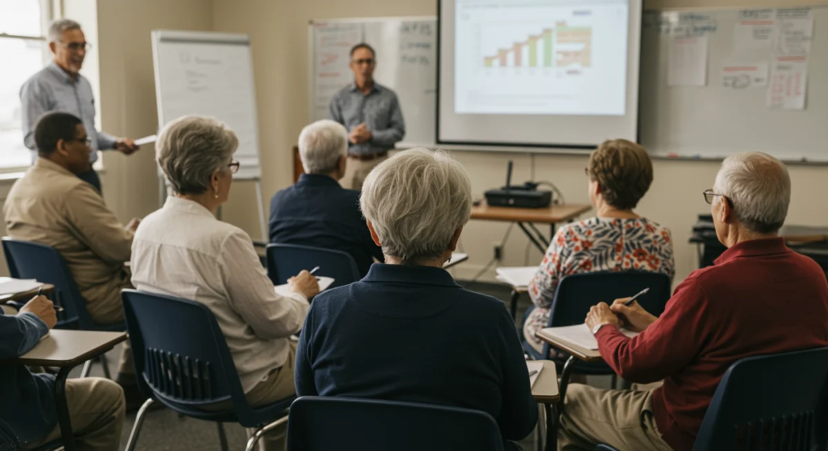 Grupo de idosos participando de uma palestra sobre educação financeira, interagindo com o palestrante.