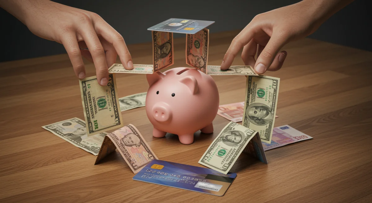 Representação visual de elementos financeiros interconectados, como cartões de crédito e notas, formando uma estrutura sólida.