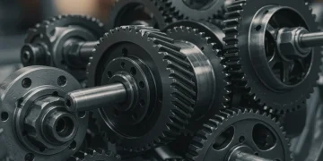 Engrenagens de máquinas industriais, simbolizando financiamento e modernização de equipamentos.