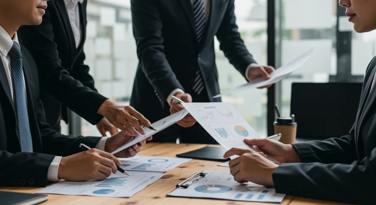 Equipe de negócios analisando documentos financeiros e planos de investimento.