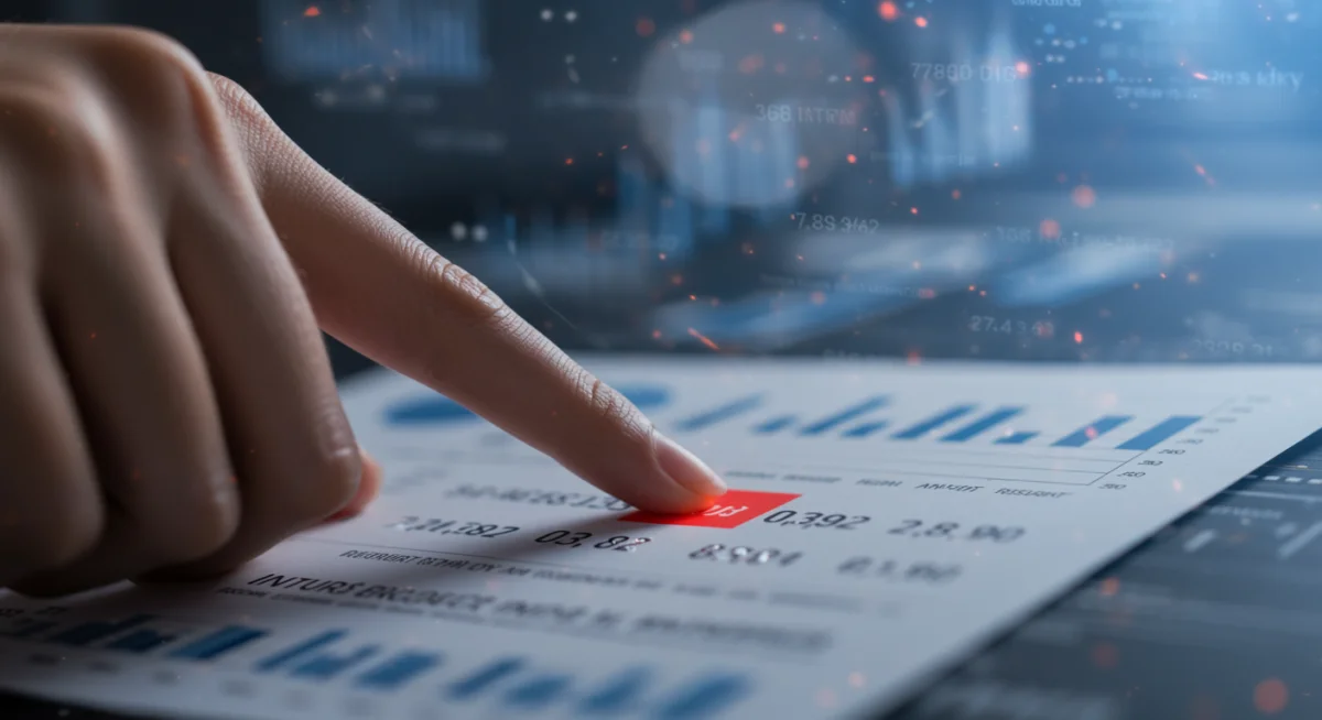Mão apontando para uma informação errada em um relatório digital de score de crédito.
