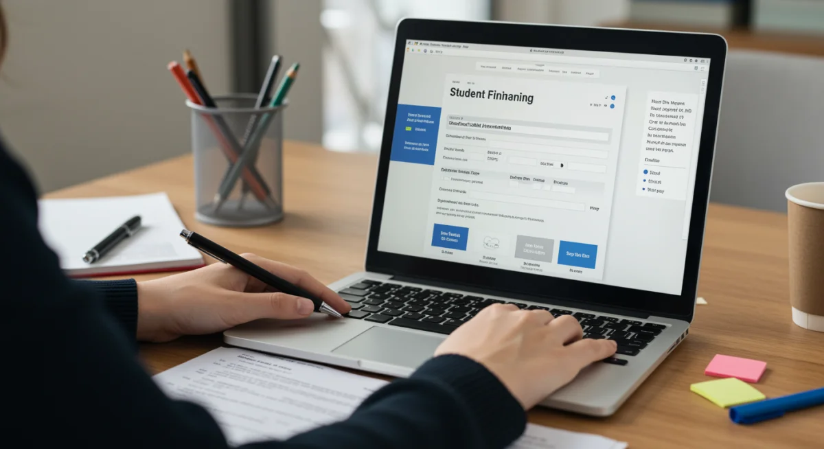 Mãos de estudante preenchendo formulário online de financiamento estudantil em um laptop, com documentos ao redor.