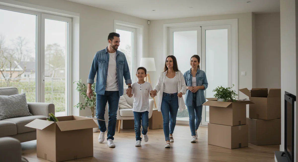 Família feliz entrando em sua nova casa, simbolizando a realização do sonho da casa própria após um financiamento bem-sucedido.