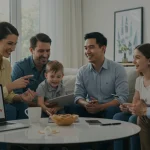 Família feliz discutindo planos financeiros em sala de estar moderna, simbolizando estabilidade e decisões inteligentes com financiamento de imóvel.