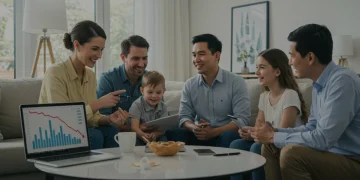 Família feliz discutindo planos financeiros em sala de estar moderna, simbolizando estabilidade e decisões inteligentes com financiamento de imóvel.