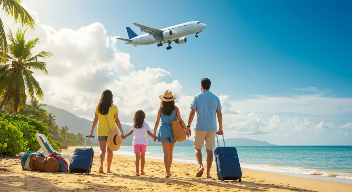 Família viajando, aproveitando benefícios de seguro viagem do cartão de crédito.