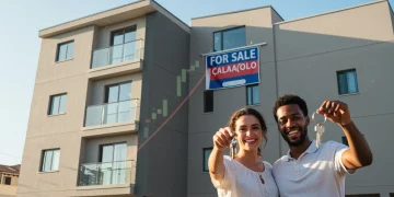 Casal sorridente em frente a um prédio moderno, segurando chaves, simbolizando a conquista do financiamento imobiliário.