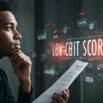 Pessoa analisando documentos financeiros com score de crédito baixo em 2026.