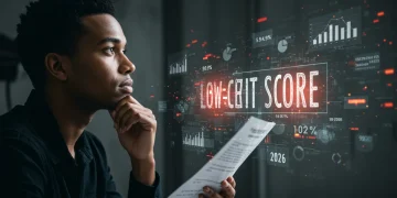Pessoa analisando documentos financeiros com score de crédito baixo em 2026.
