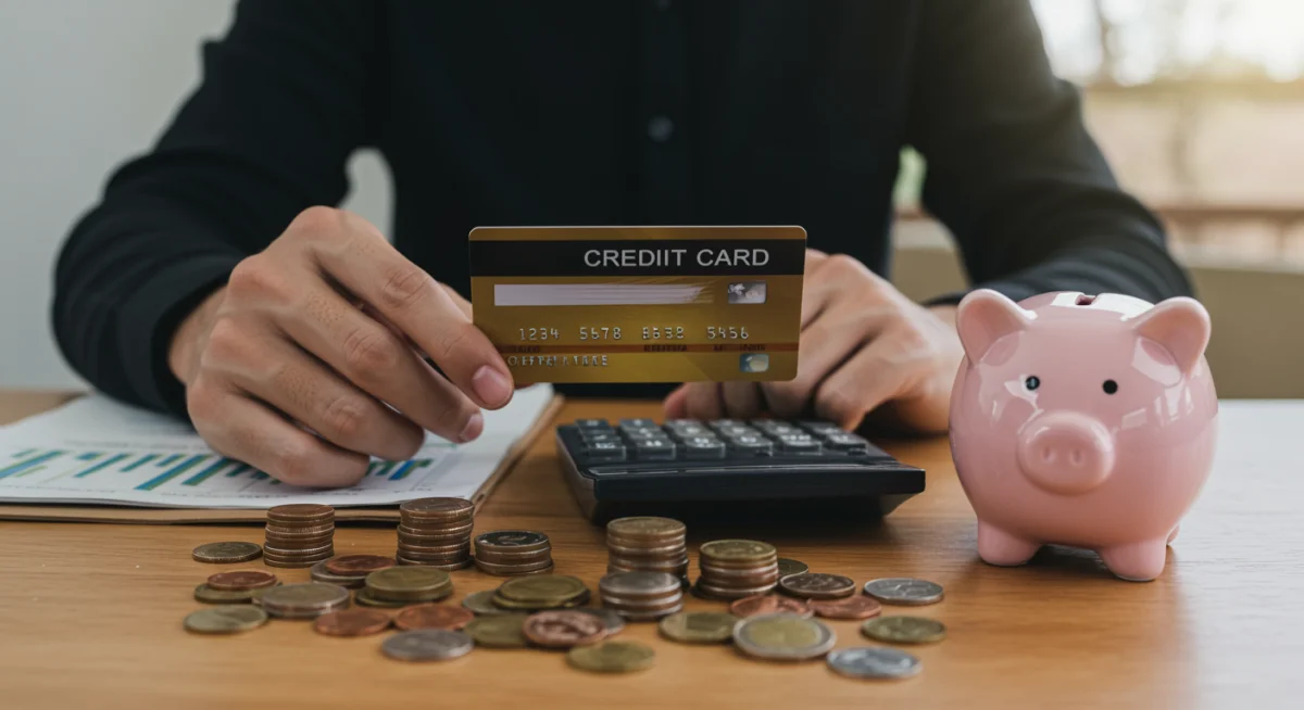 Mão segurando cartão de crédito sobre calculadora, representando a gestão de dívidas e a economia de juros.