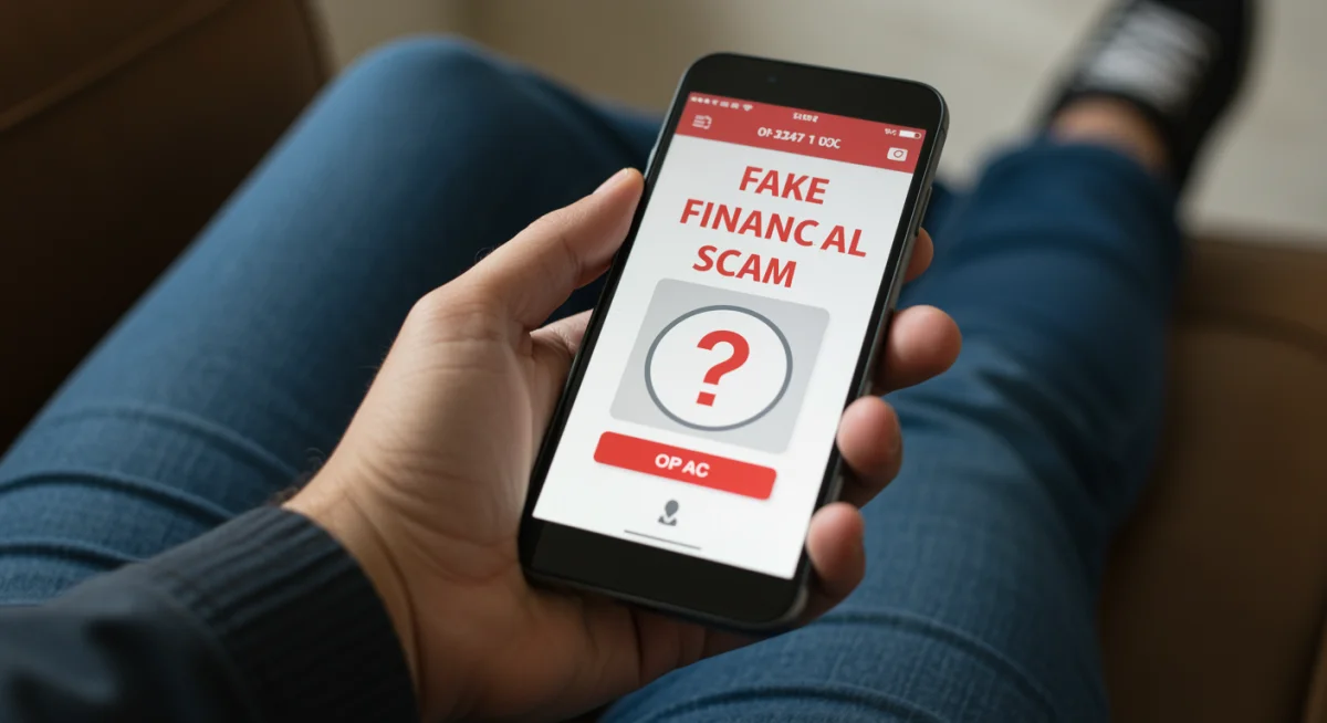 Mão segurando um smartphone com aplicativo falso ou mensagem suspeita, representando golpes digitais em financiamentos.