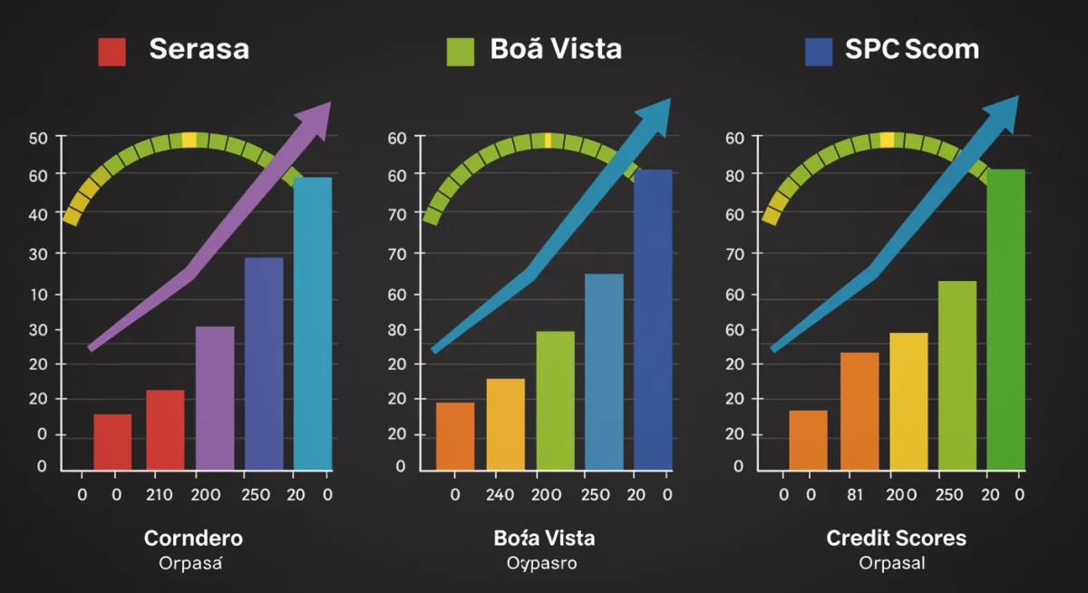 Gráfico comparativo de barras para scores de crédito Serasa, Boa Vista e SPC, ilustrando as diferenças nas metodologias e faixas de pontuação.