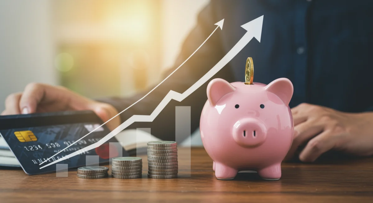 Gráfico de crescimento financeiro com cartão de crédito e cofrinho, indicando prosperidade e sem dívidas.