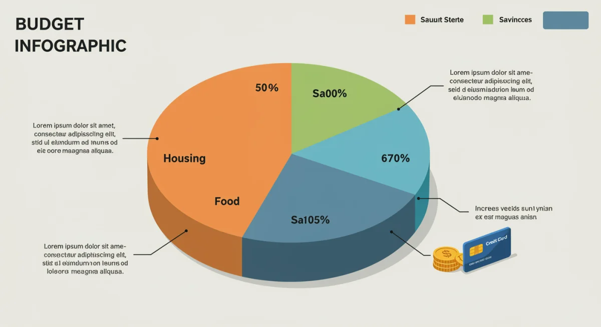 Infográfico detalhado com um gráfico de pizza mostrando a alocação de orçamento, destacando o planejamento financeiro.
