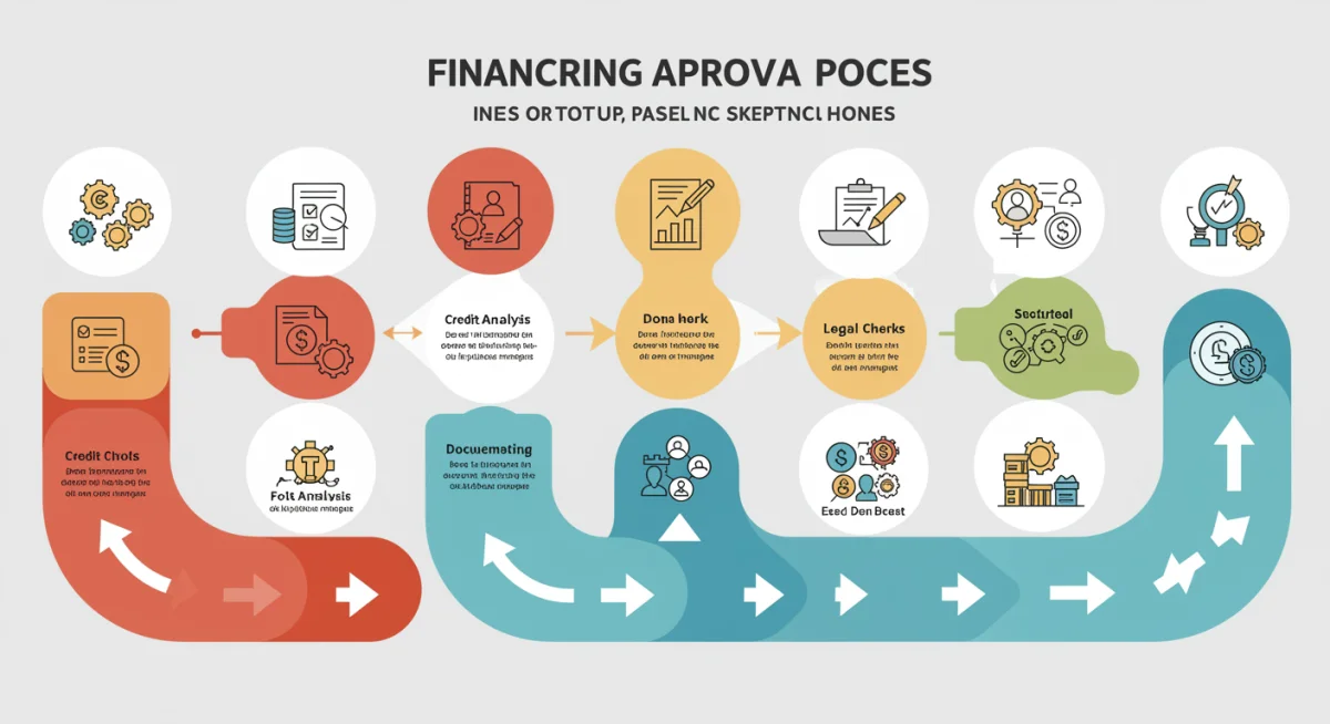 Infográfico detalhado com etapas do processo de aprovação de financiamento, destacando gargalos e atrasos.