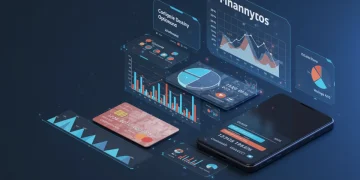 Interface digital de banco com opções de financiamento e gráficos de juros decrescentes