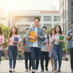 Jovens estudantes diversos e sorridentes caminhando em um campus universitário moderno, simbolizando acesso à educação superior.