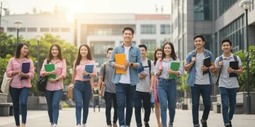 Jovens estudantes diversos e sorridentes caminhando em um campus universitário moderno, simbolizando acesso à educação superior.