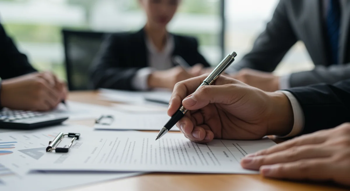 Mão segurando caneta sobre contrato de financiamento para MEI