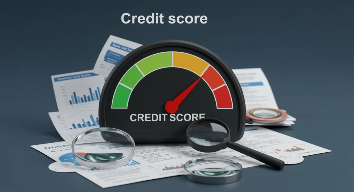 Medidor de score de crédito apontando para baixo, com documentos financeiros e lupa.