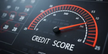 Medidor digital de score de crédito com ponteiro em alta, simbolizando sucesso financeiro e pagamentos em dia.