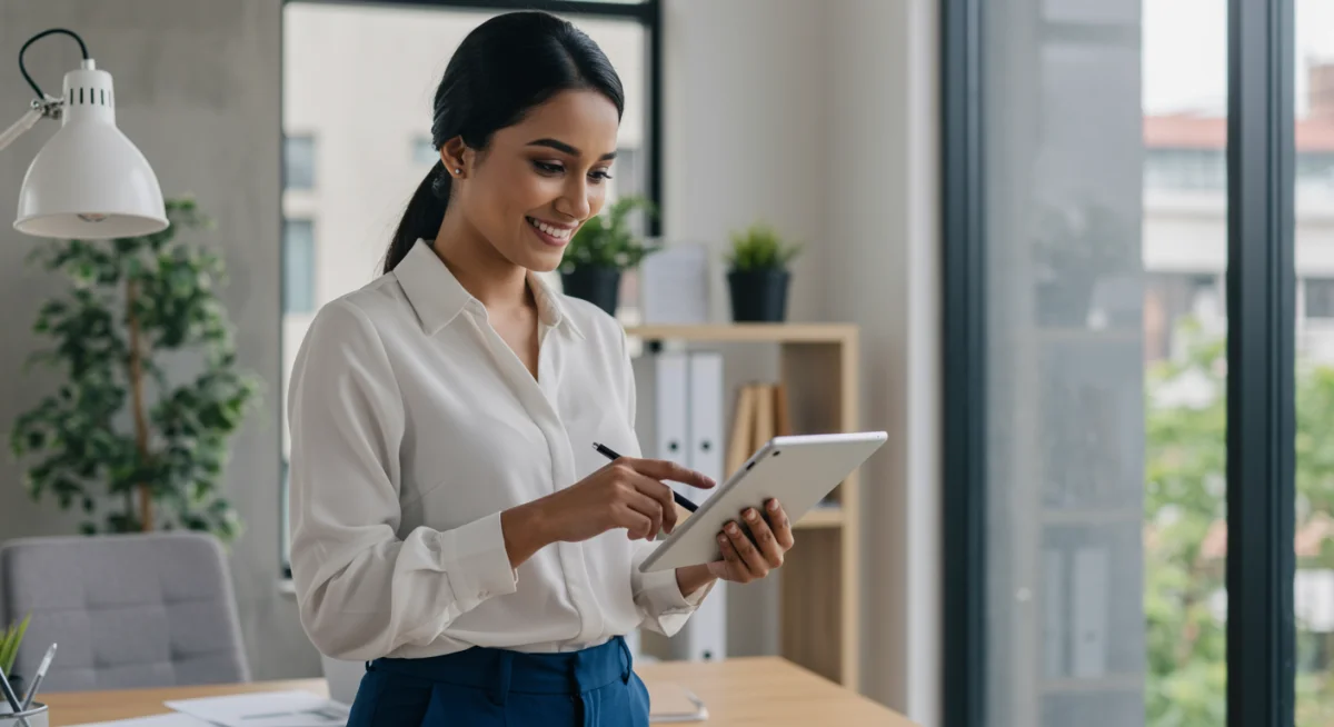 Empreendedor MEI sorrindo analisando documentos financeiros, representando sucesso e planejamento.