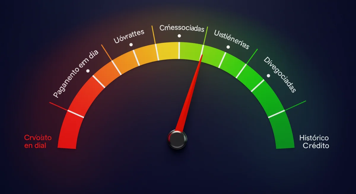 Medidor de score de crédito em progresso, ilustrando a melhoria do score com fatores como pagamento em dia e renegociação de dívidas.
