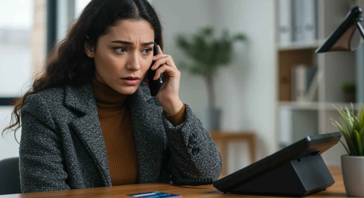 Mulher preocupada ao telefone, com cartão de crédito à vista, ligando para o banco para reportar fraude.