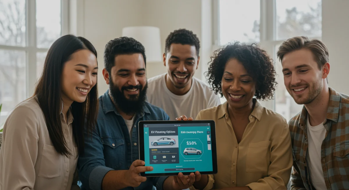 Pessoas analisando opções de financiamento para veículos elétricos em um tablet, com expressões de satisfação.