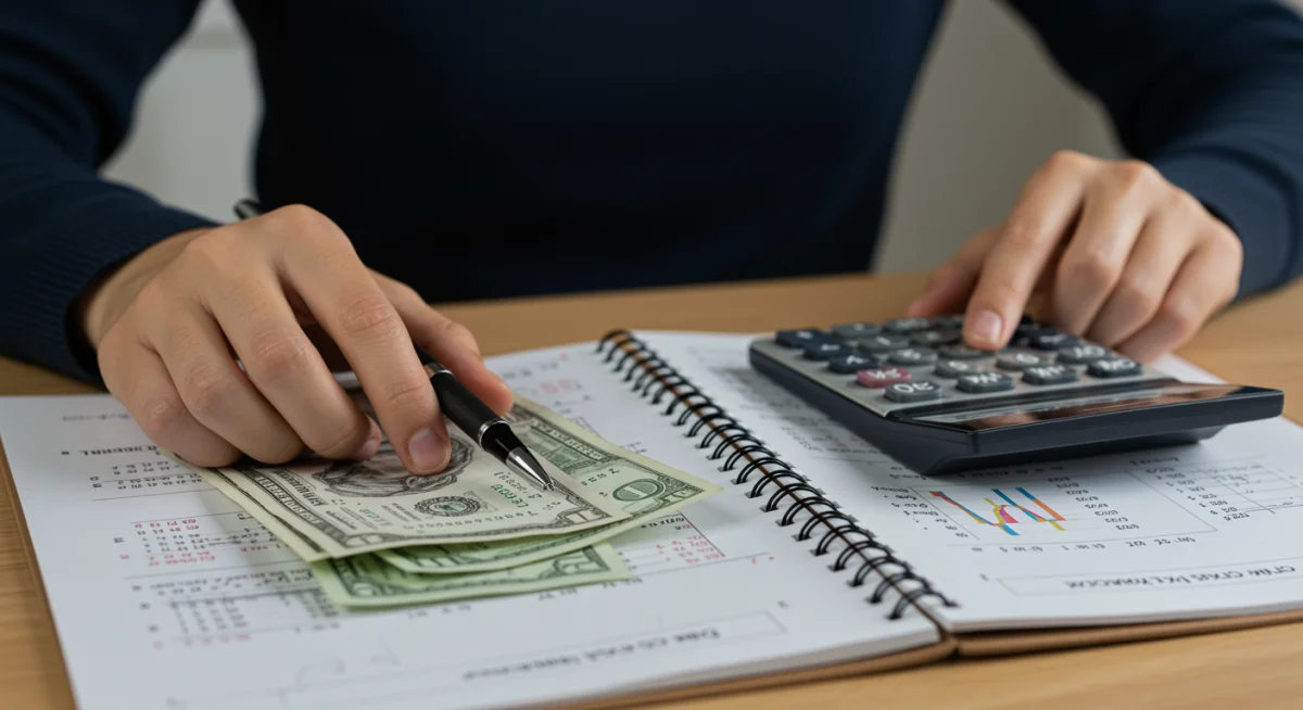 Mãos organizando contas e fazendo anotações financeiras, simbolizando planejamento e orçamento.