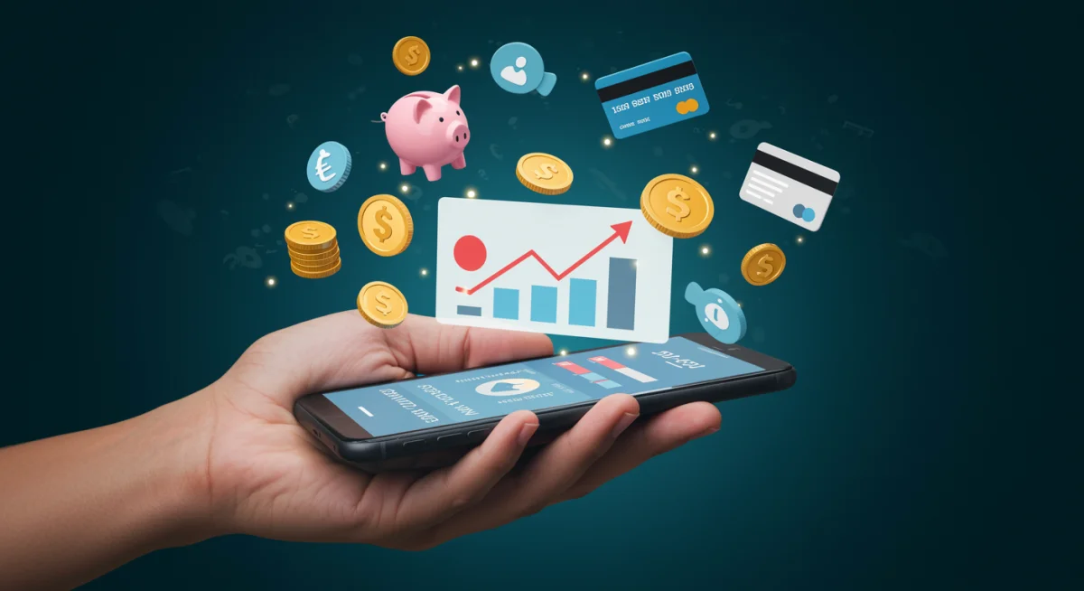 Mão segurando smartphone com score de crédito alto e ícones financeiros, simbolizando melhora e acesso digital.