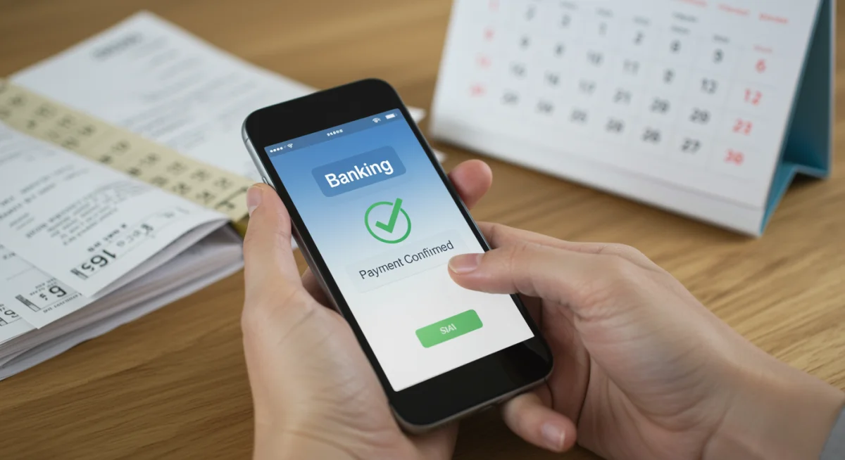 Pessoa confirmando pagamento de contas pelo celular, com documentos organizados ao fundo, representando controle financeiro.
