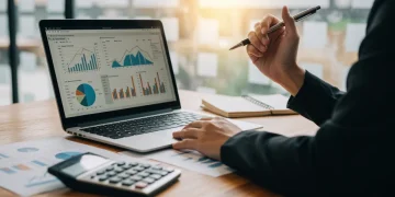 Pessoa analisando finanças no computador, calculadora e documentos sobre refinanciamento.