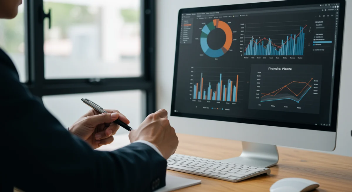 Pessoa analisando dados financeiros em um computador, com gráficos de score de crédito e planejamento.
