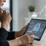 Pessoa analisando gráficos financeiros em tablet, com símbolos de casa e carro, representando a busca por financiamento.
