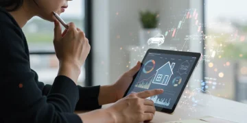 Pessoa analisando gráficos financeiros em tablet, com símbolos de casa e carro, representando a busca por financiamento.