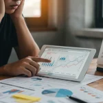Pessoa preocupada analisando um relatório de score de crédito em um tablet com a data de 2026.