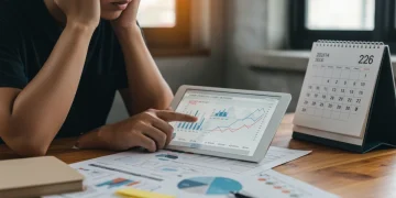 Pessoa preocupada analisando um relatório de score de crédito em um tablet com a data de 2026.