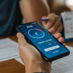 Pessoa analisando score de crédito em 2026, com documentos e calendário ao fundo, representando a importância da atualização cadastral para a pontuação.